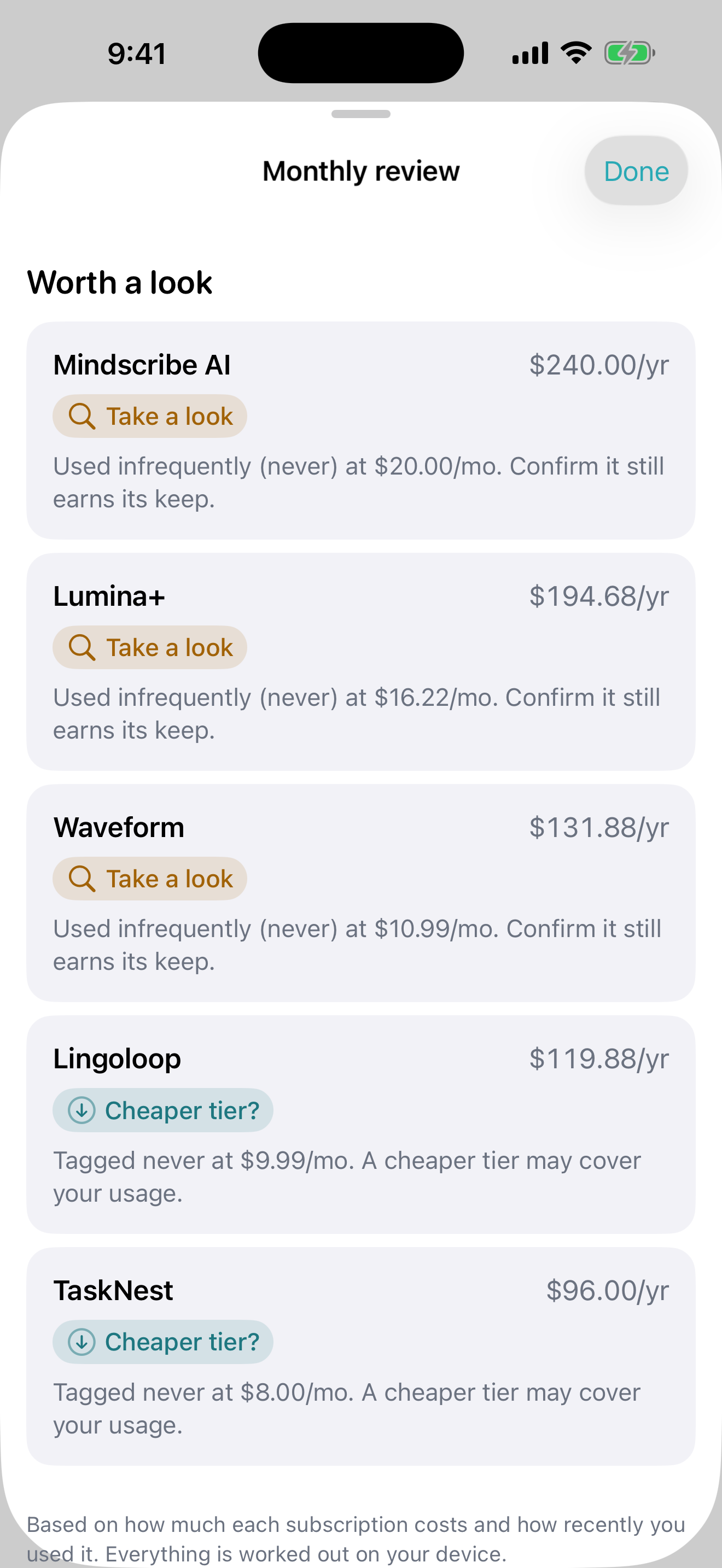 A private monthly review of your spending