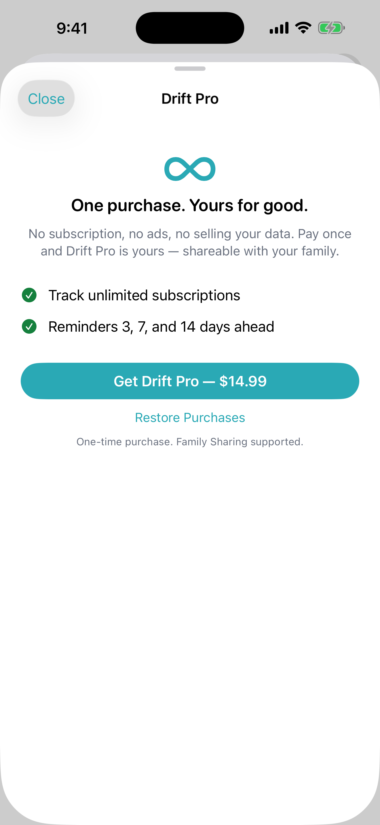Drift Pro, a one-time purchase