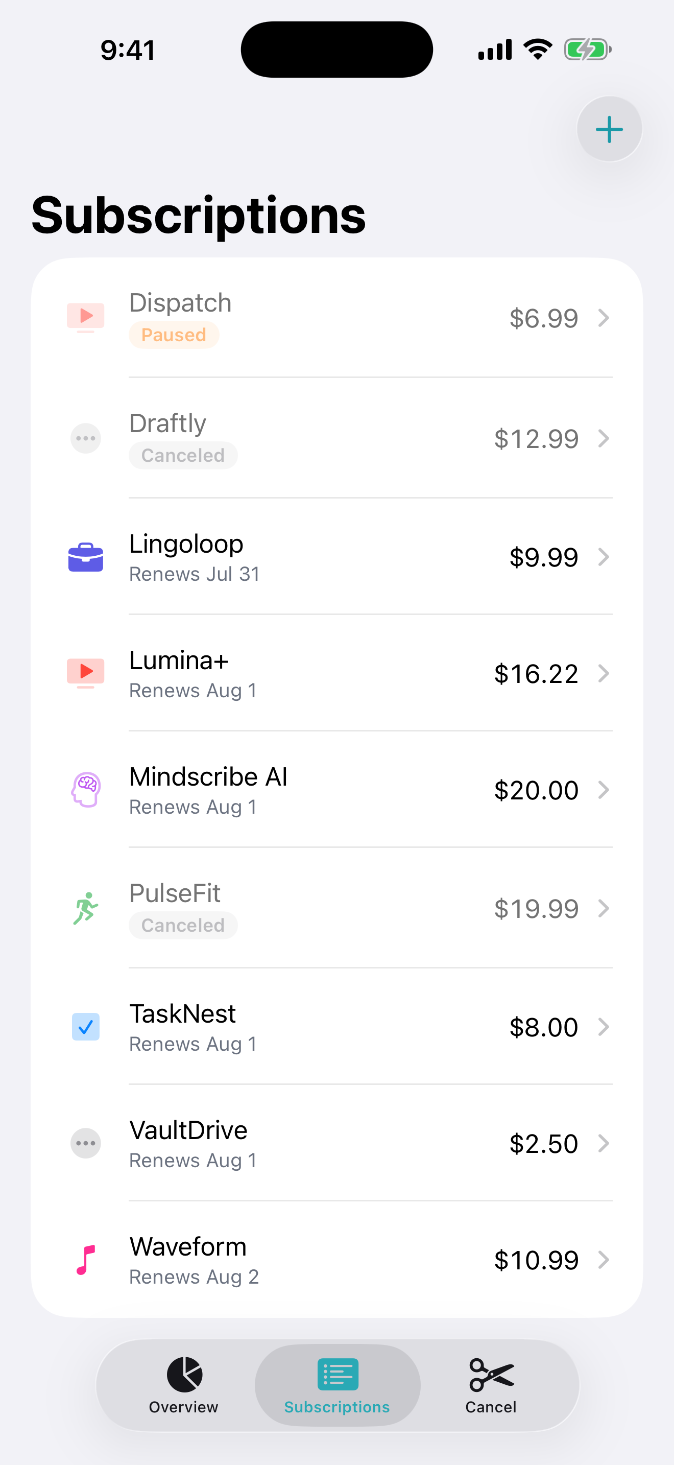 Subscriptions list with calm status badges